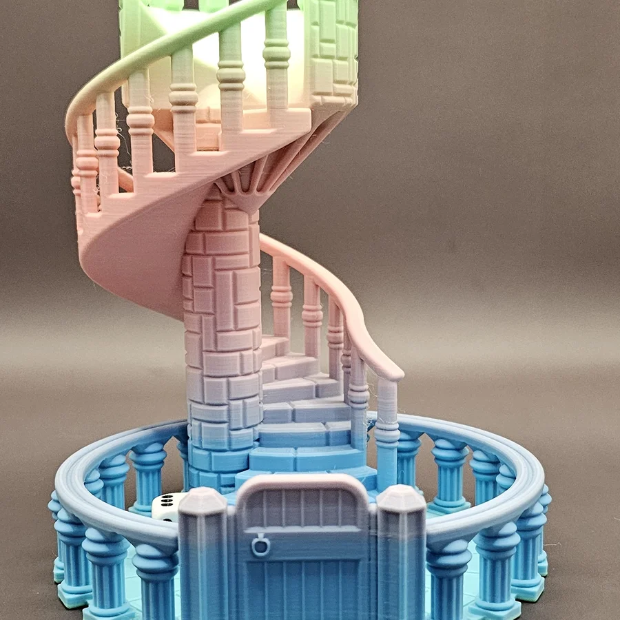 Pastel rainbow spiral staircase dice tower