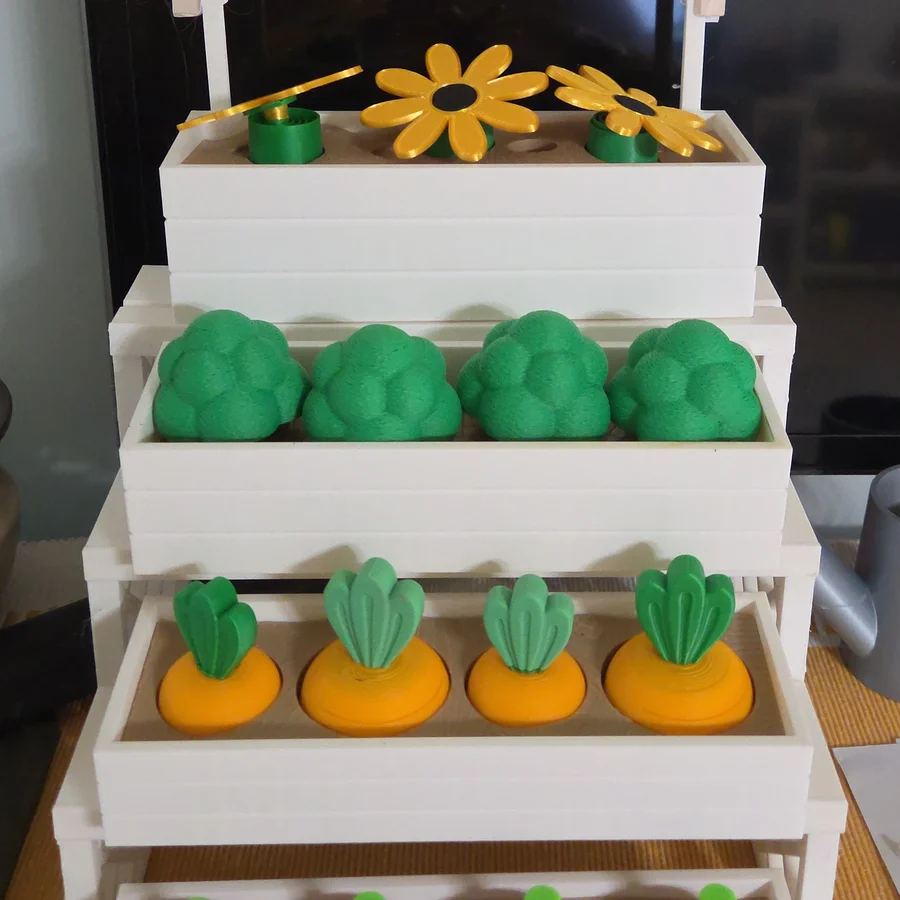 Fidget Farm stand with spinning flowers, broccoli, carrots and radishes