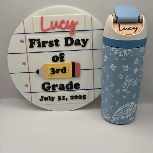 First day of 3rd grade sign with matching bottle tag
