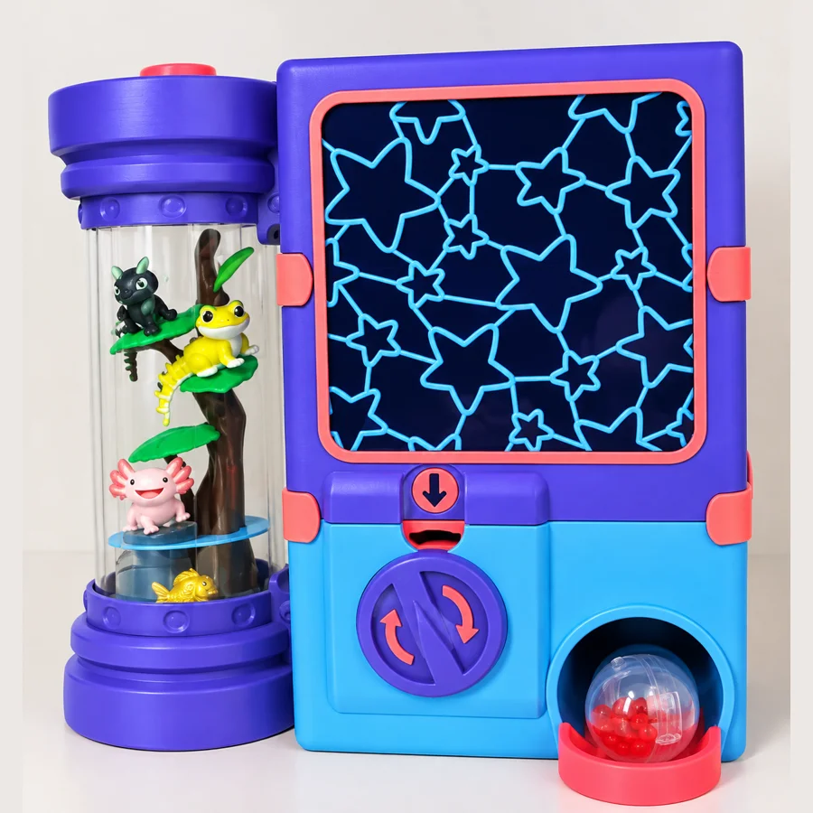 3D printed capsule toy machine with animal figures and display tower