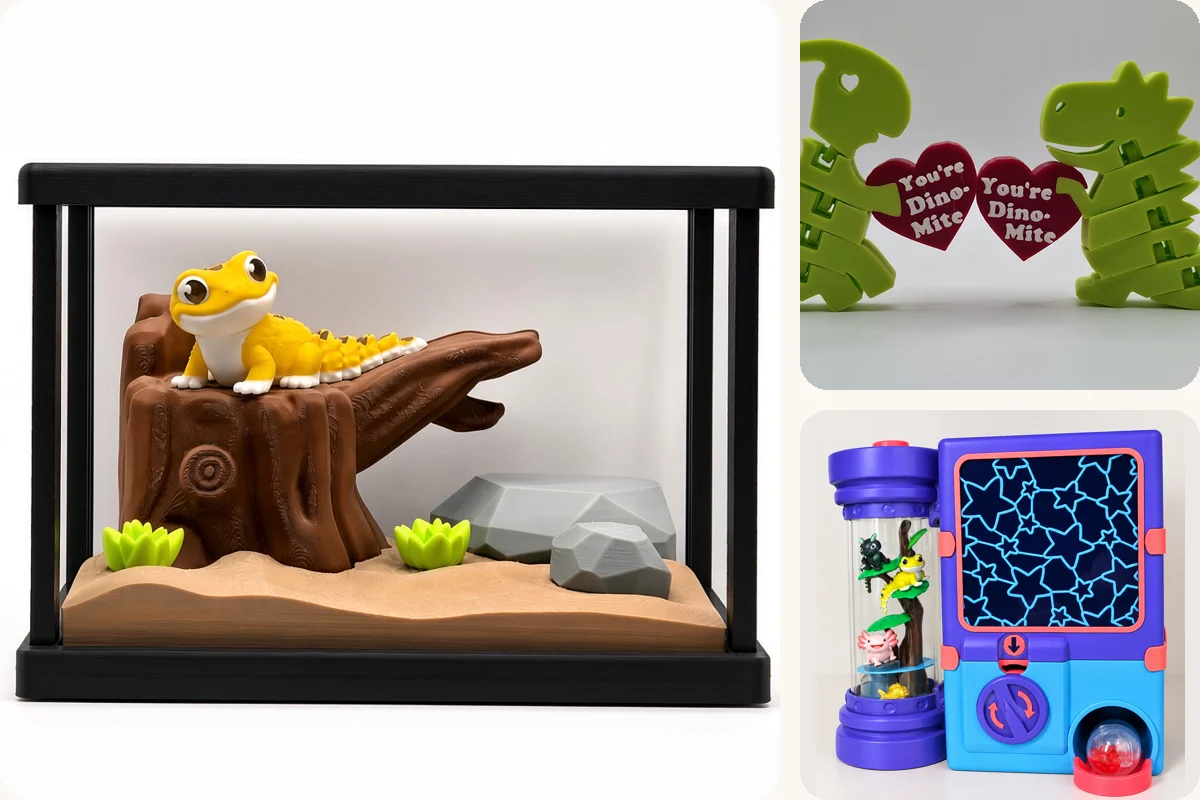 3D printed gecko display, Dino-Mite valentine dinosaurs, and a working capsule toy machine made by AZ3D Custom